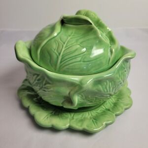 Hand Painted Cabbage Holland Mold Tureen Set Green VTG 1982 Signed 3pc